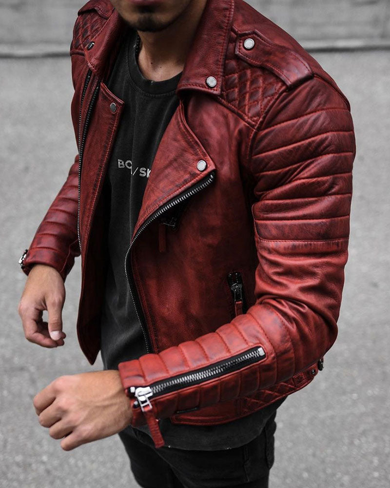 Casual Zip Solid Leather Jacket