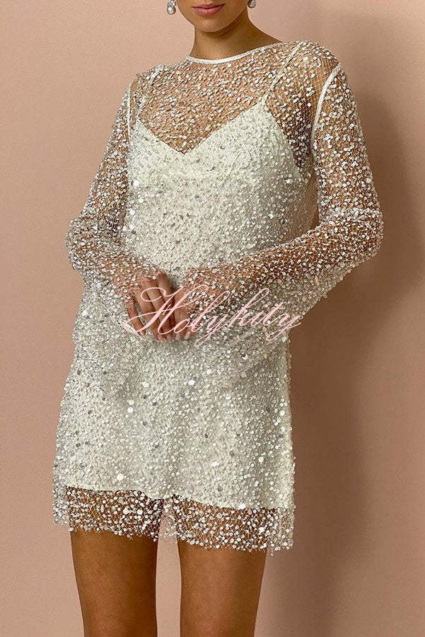 Sparkle and Shine Sequins and Pearls Fabric Mini Dress with Separate Slip