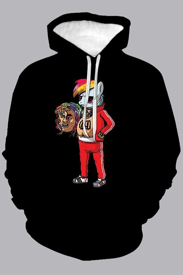 3D Black Digital Cartoon  Printed Hooded Sweatshirt