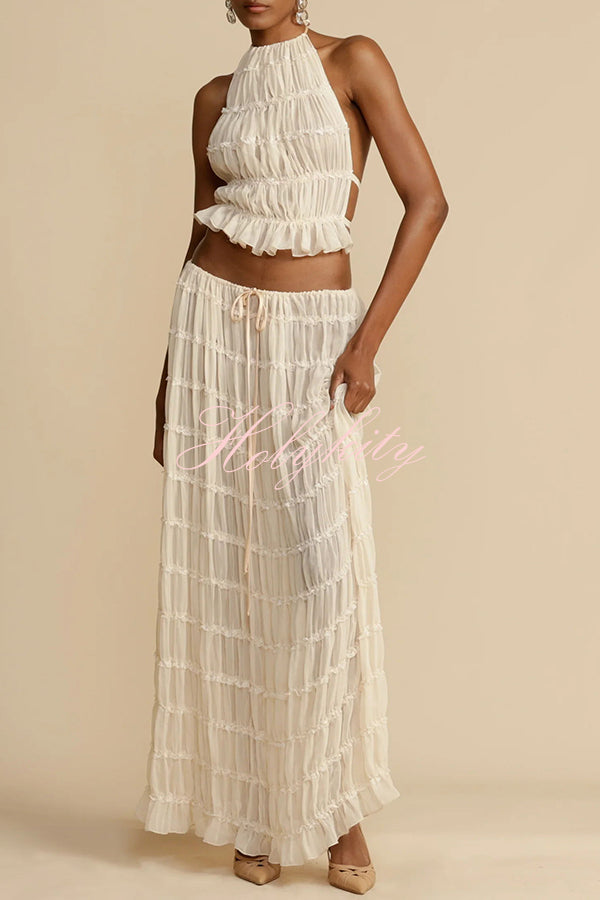 Versatility and Vintage Charm Pleated Drawstring Waist Tiered Maxi Skirt