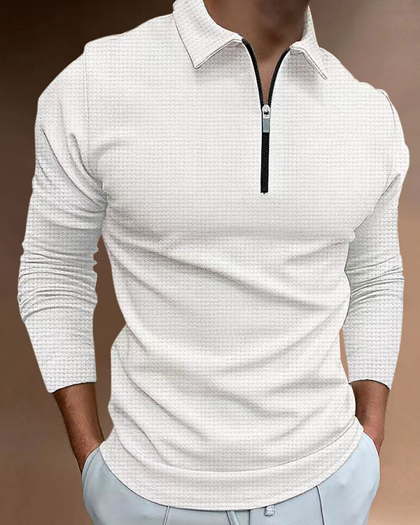 Casual Solid Waffle Zipped Polo Shirt