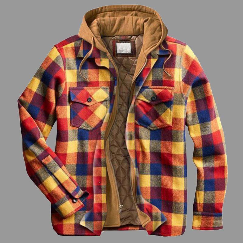 Checked Long Sleeve Loose Hooded Thick Jacket