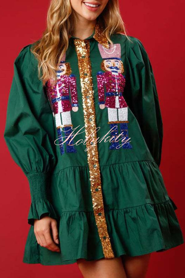 Nutcracker Sequined Button Down Long Sleeve Mini Dress