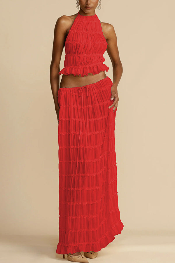 Versatility and Vintage Charm Pleated Drawstring Waist Tiered Maxi Skirt