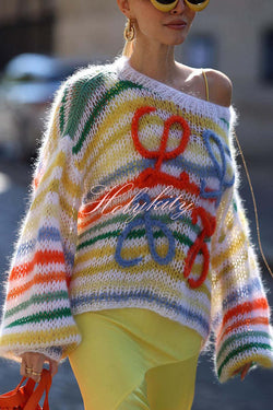 Sunset Cosy Knit Rainbow Contrast Striped Hollow Out Loose Sweater