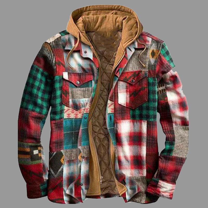 Checked Long Sleeve Loose Hooded Thick Jacket