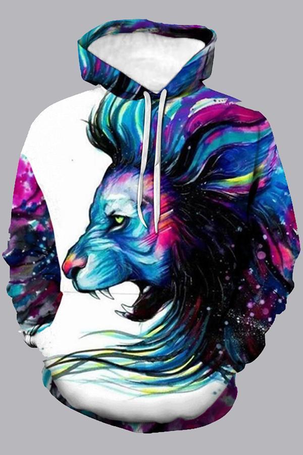 Street 3D Multicolor Digital Lion Printed Hooded Sweatshirt