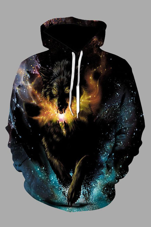 The wolf print hooded sweatshirt under the street 3D starry sky