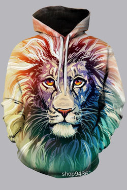 Street 3D Multicolor Digital Lion Printed Hooded Sweatshirt