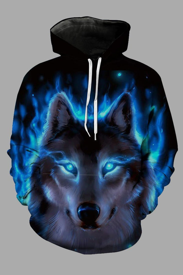 Street 3D multicolor wolf print hooded sweatshirt