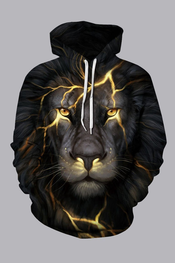 Street 3D Black  Digital Lion Printed Hooded Sweatshirt