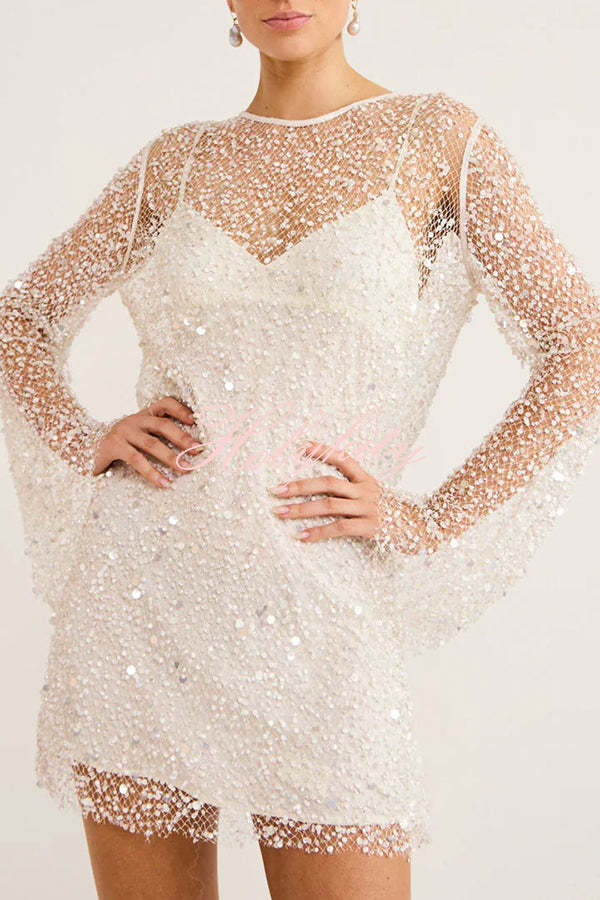 Sparkle and Shine Sequins and Pearls Fabric Mini Dress with Separate Slip