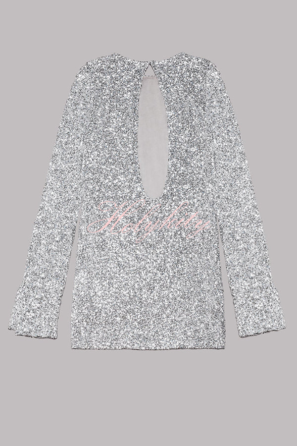 Flash Focus Sequin Extra Long Slit Sleeves Open Back Mini Dress