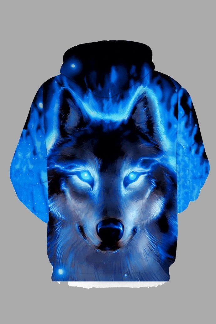 Street 3D Blue Wolf Print Hooded Sweatshirt