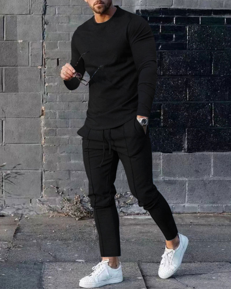 Casual Solid Color Crew Neck Sports Suit