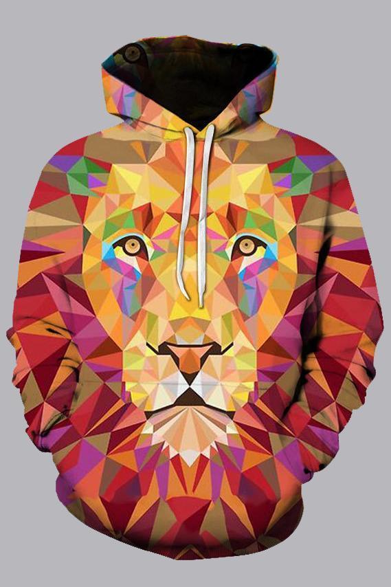 Street 3D Multicolor Digital Lion Printed Hooded Sweatshirt