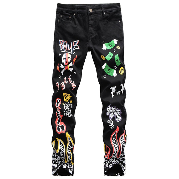 Black skull print straight-leg jeans
