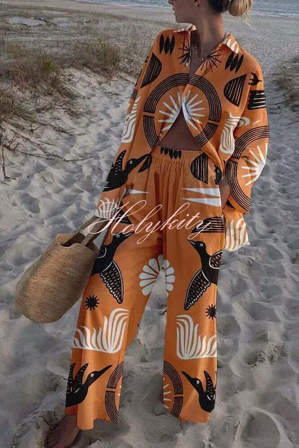 Folk Totem Printed Oversized Blouse and Elastic Waist Pocketed Pants Set