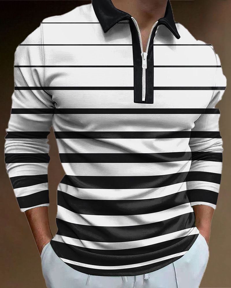 Casual Striped Zipped Polo Shirt