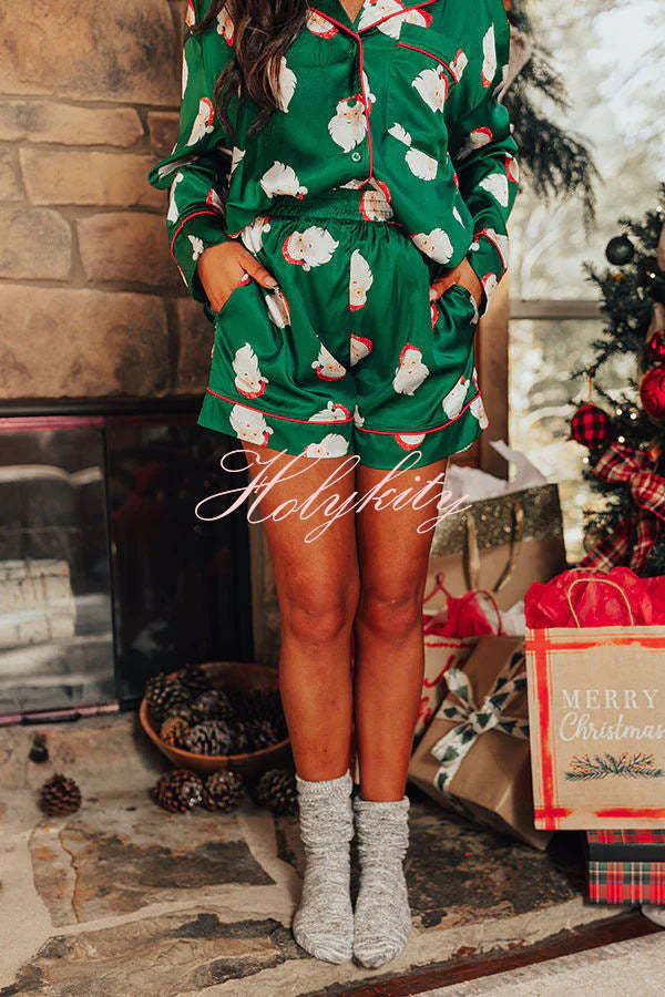 Dear Santa Satin Printed Elastic Waist Pocket Pajama Shorts Set