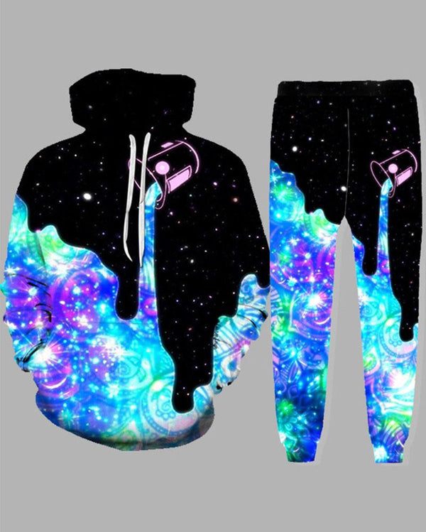 3D street personality printed hooded two-piece suit