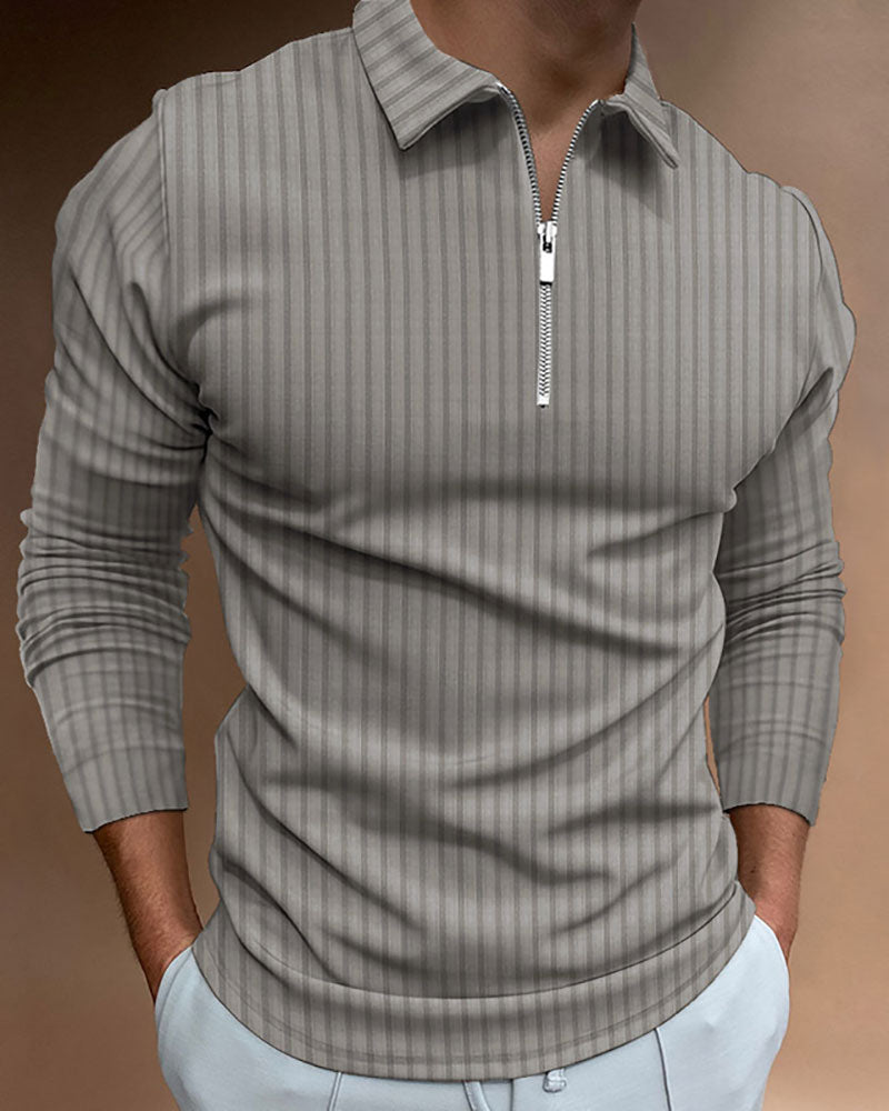 Casual Solid Striped Zipped Polo Shirt