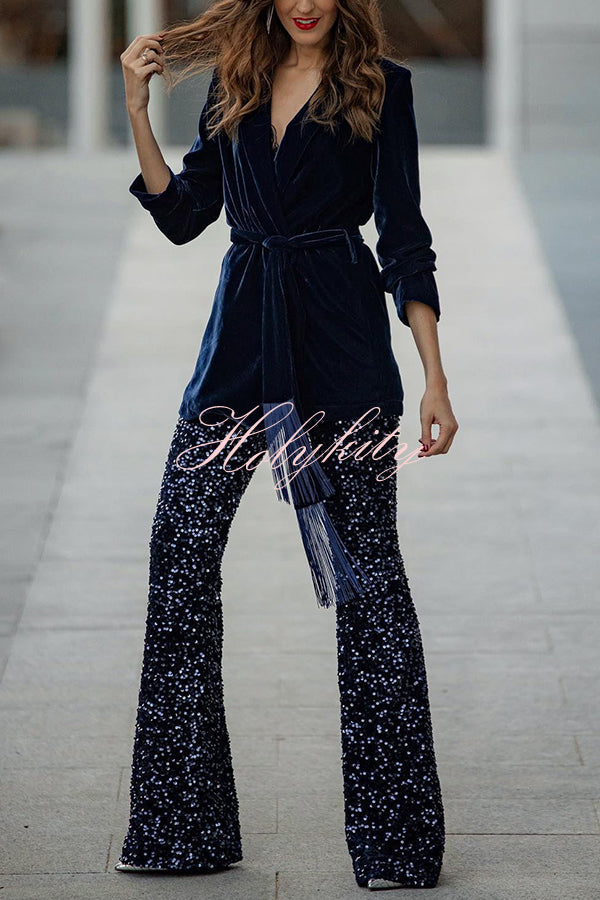 Diva Velvet Sequin High Rise Elastic Waist Flare Pants