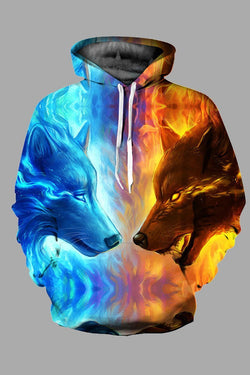 Street 3D multicolor wolf print hooded sweatshirt