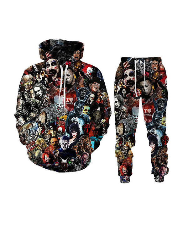 3D Street Personality Printed Hooded Two-piece Suit