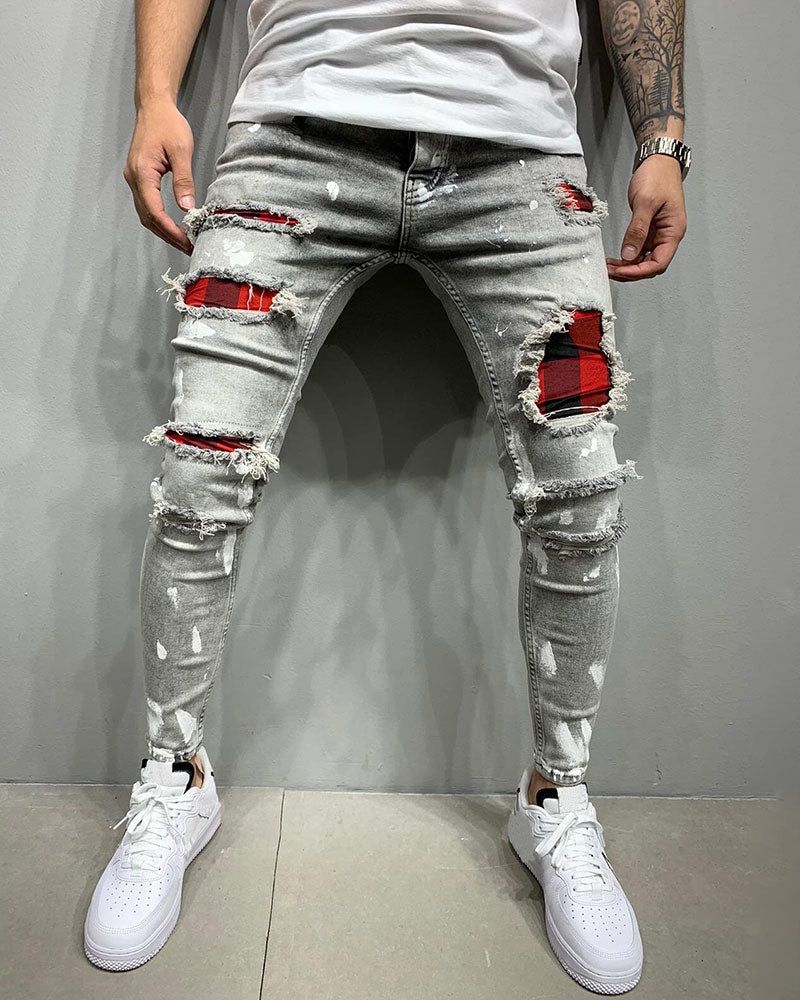 All-match Washed Ripped Plaid Stitching Jeans