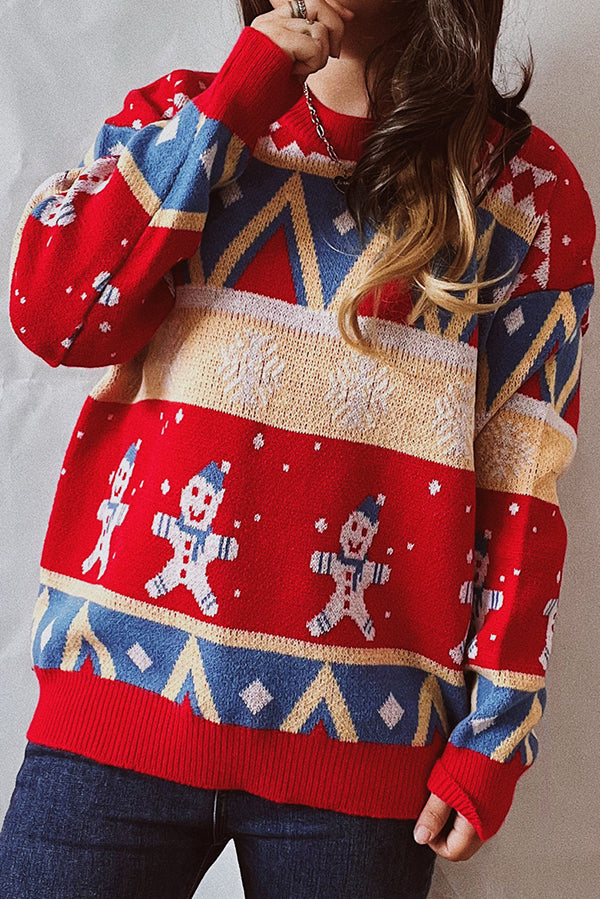 Christmas Pattern Knitted Crew Neck Long Sleeved Sweater