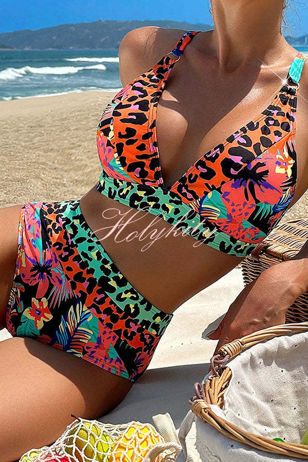 Aloha Honey Leopard Printed Colorblock Bikini