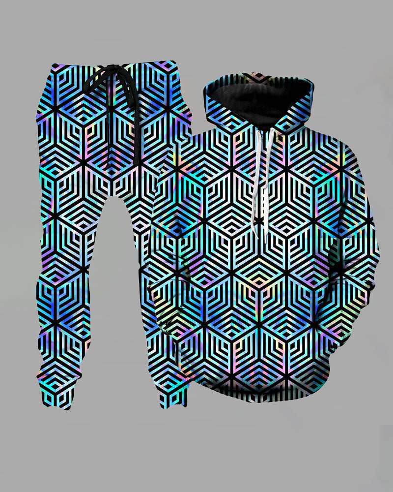 3D Street  Abstract Print Hooded Two-piece Suit