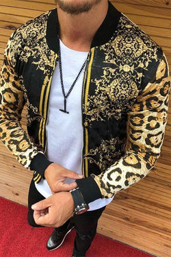 Slim-fit Leopard Print Crewneck Casual Jacket