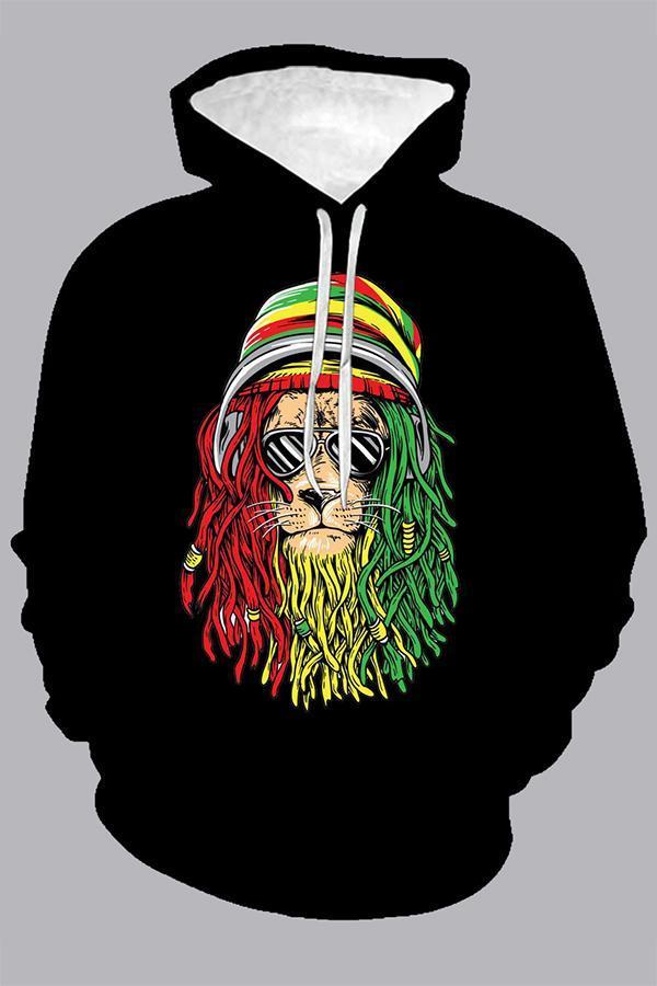 3D Black Digital Color Gradient Lion Printed Hooded Sweatshirt