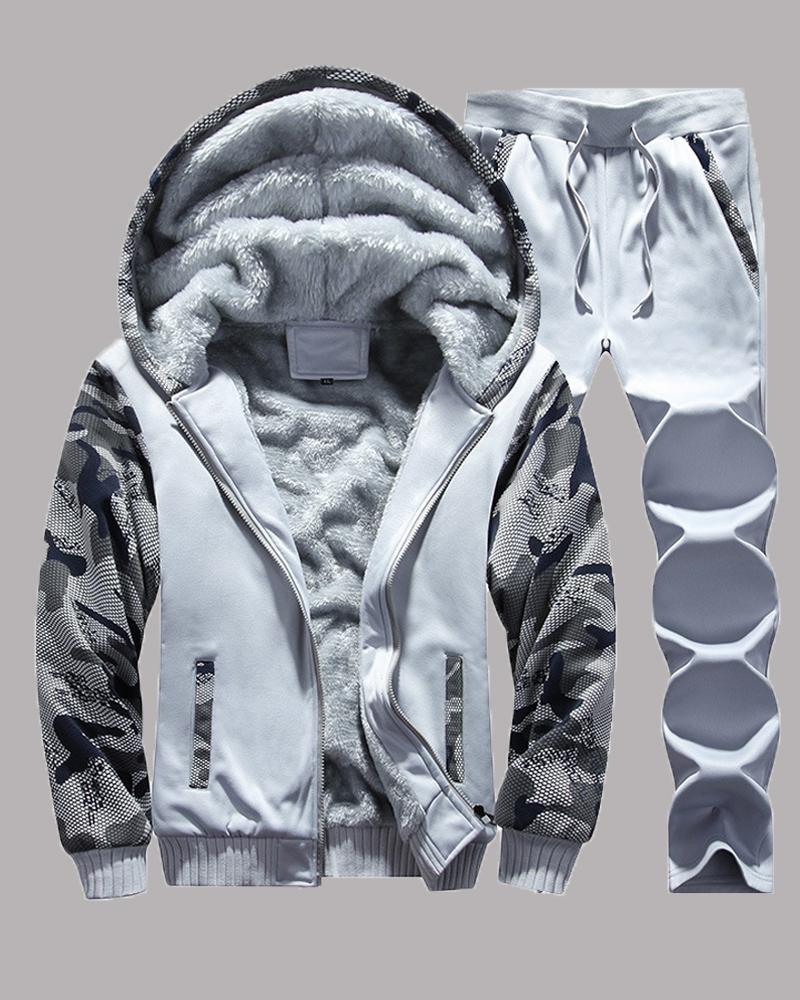 Casual Hooded Collar Print Patchwork Two-piece Pants Set