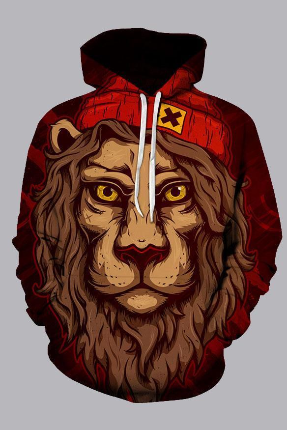 Street 3D Brown Digital Lion Printed Hooded Sweatshirt