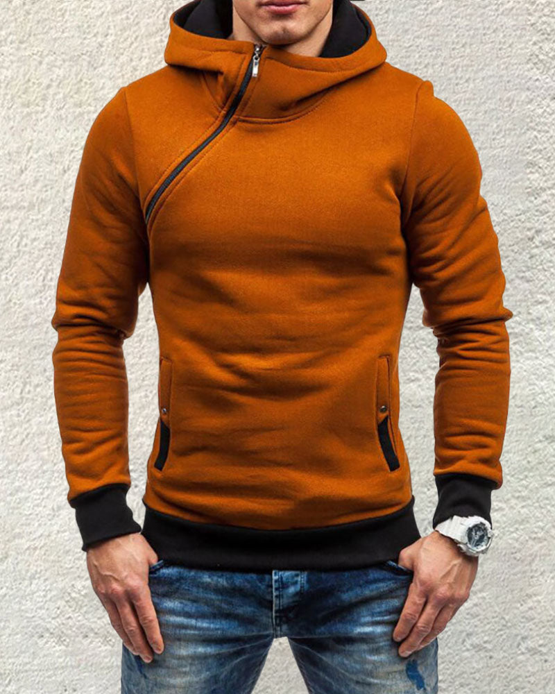 Fashion Diagonal Zip Hooded Sweatshirt