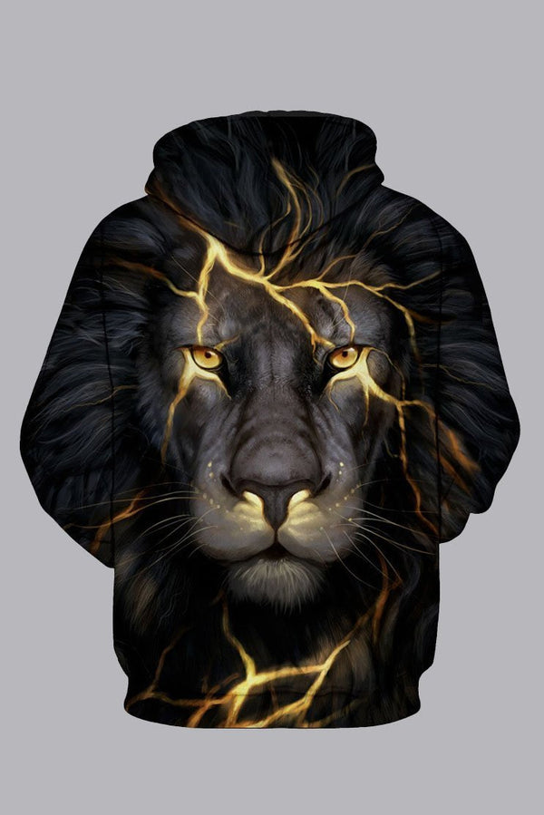 Street 3D Black  Digital Lion Printed Hooded Sweatshirt