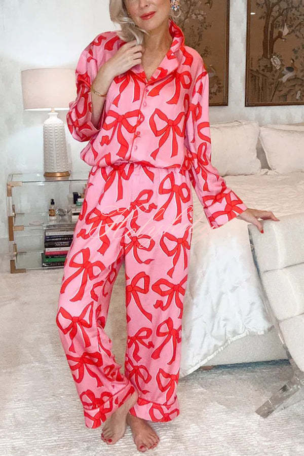 Give You A Surprise Gift Bow Printed Elastic Waist Pocketed Pajama Set