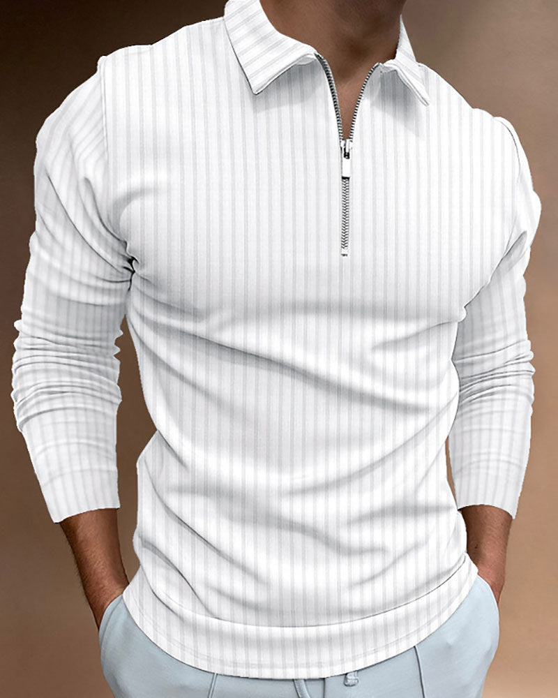 Casual Solid Striped Zipped Polo Shirt