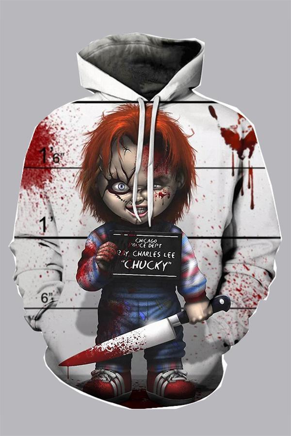 3D White Digital Horror doll  Printed Hooded Sweatshirt