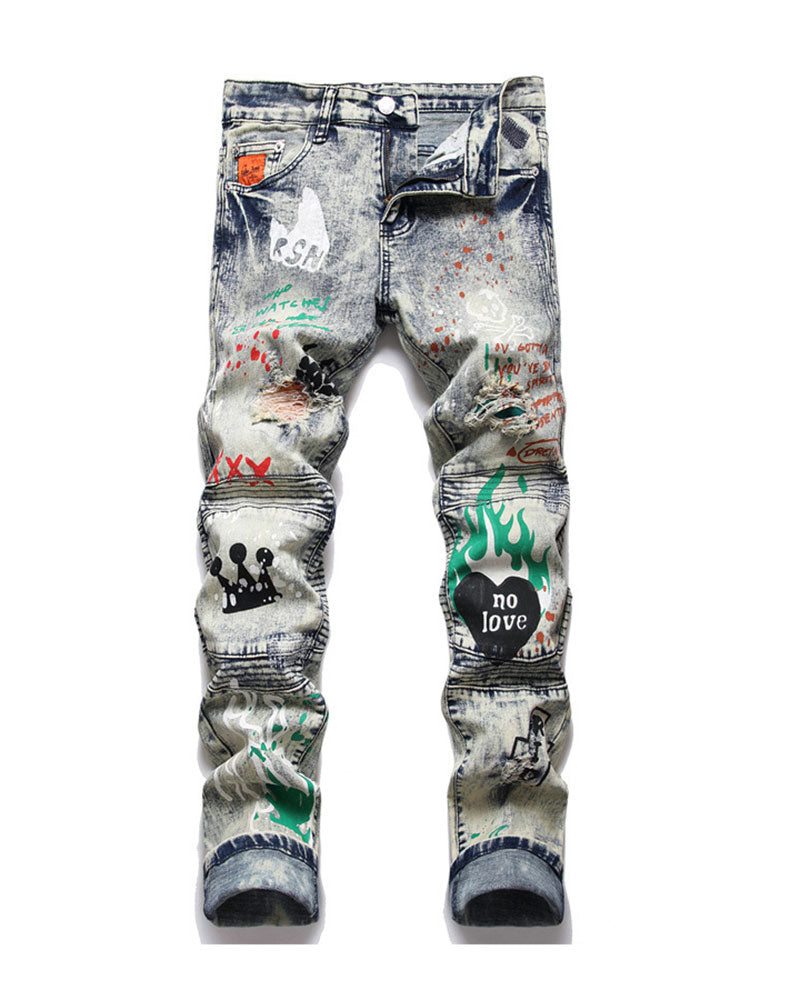 Trendy Retro Graffiti Print Jeans