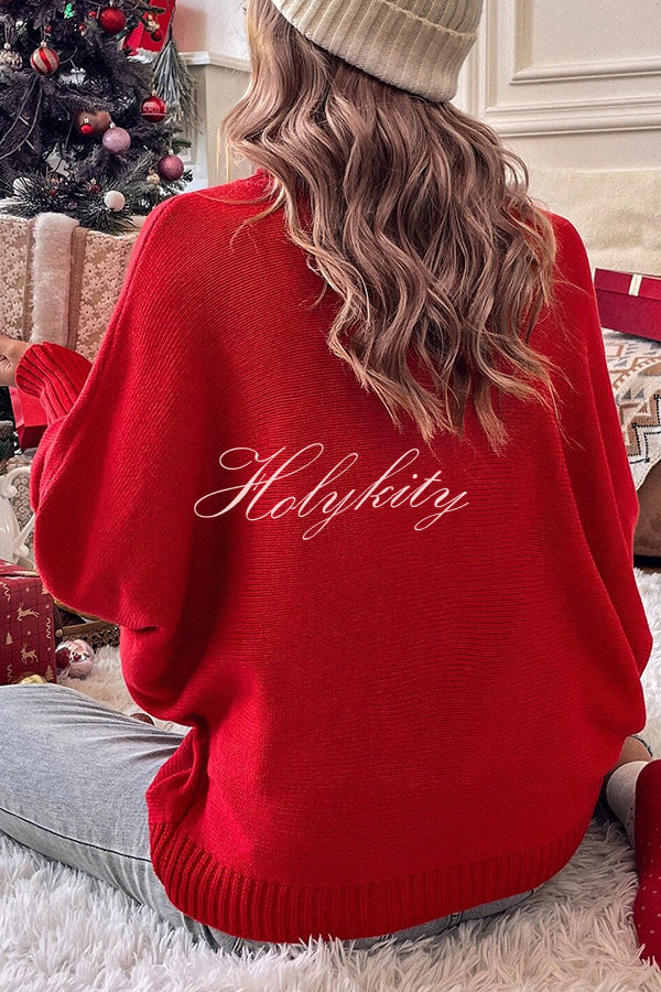 Happy Holidays Contrast Love Letter Turtle Neck Bat Sleeve Sweater