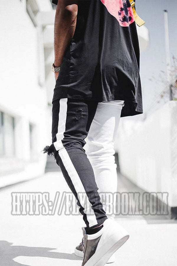 Street Style Contrast Color Destroyed Pants
