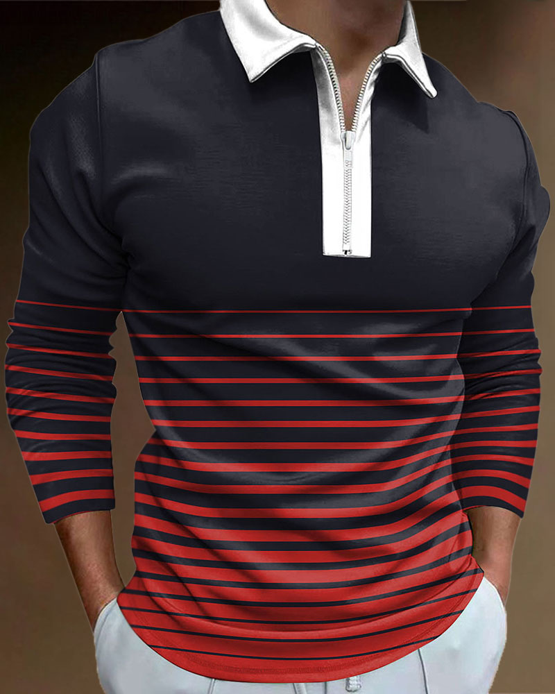 Casual Striped Zipped Polo Shirt