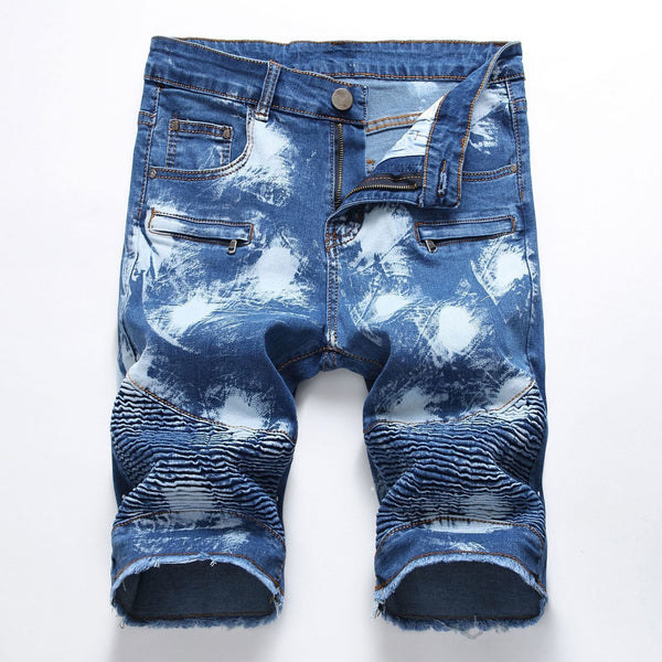 Zipper Wrinkled Men's Jeans Shorts Stretch