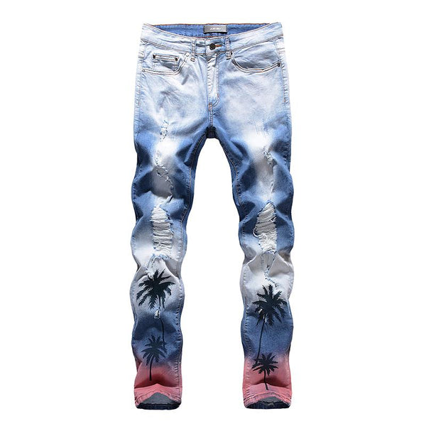 Coconut spray-painted knee-hole high-stretch slim-fit jeans