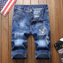 Embroidered straight five-quarter pants denim