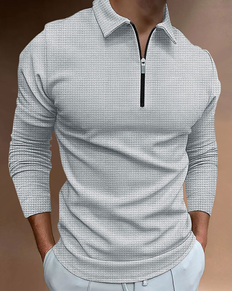 Casual Solid Waffle Zipped Polo Shirt